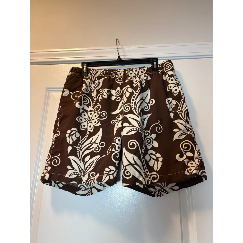 Tommy Bahama Mens Brown/White Tropical‎ Swim Board Shorts w/ Liner - Medium